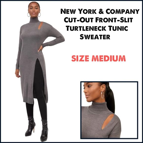 #T08 New York & Company Gray Cowl Turtleneck Tunic Sweater SZ M - Picture 1 of 9